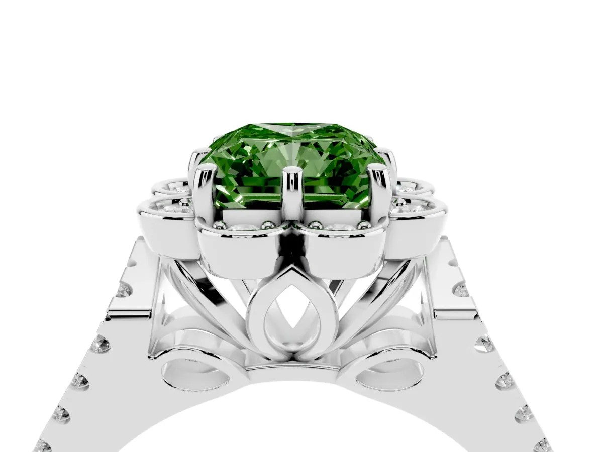 Fancy Green Radiant Cut Halo Diamond Floral Split Shank Engagement Ring Silver