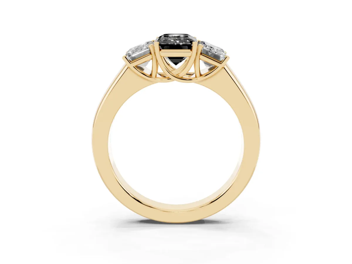Fancy Black Three-Stone Emerald Cut Cut Diamond Ring with Prong Setting and Classic Band Yellow gold