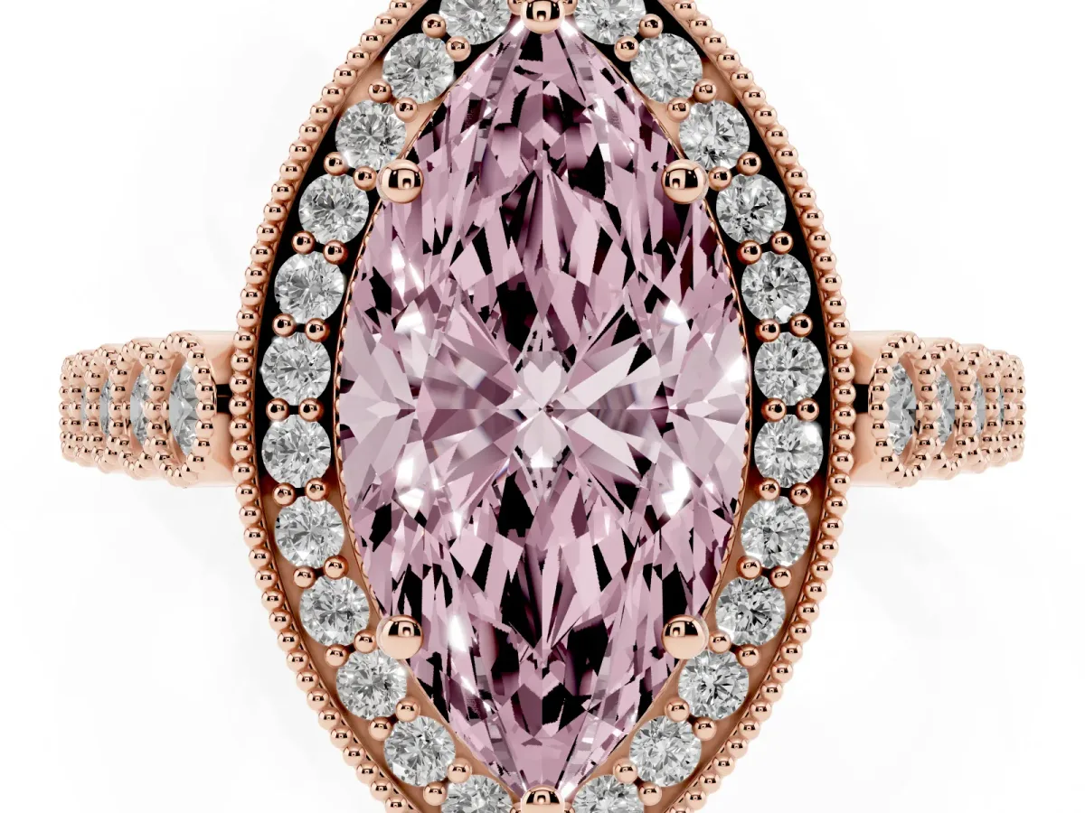Fancy Pink Marquise Cut Halo Milgrain Solitaire with Bezel Set Side Stones and Pave Band Rose gold