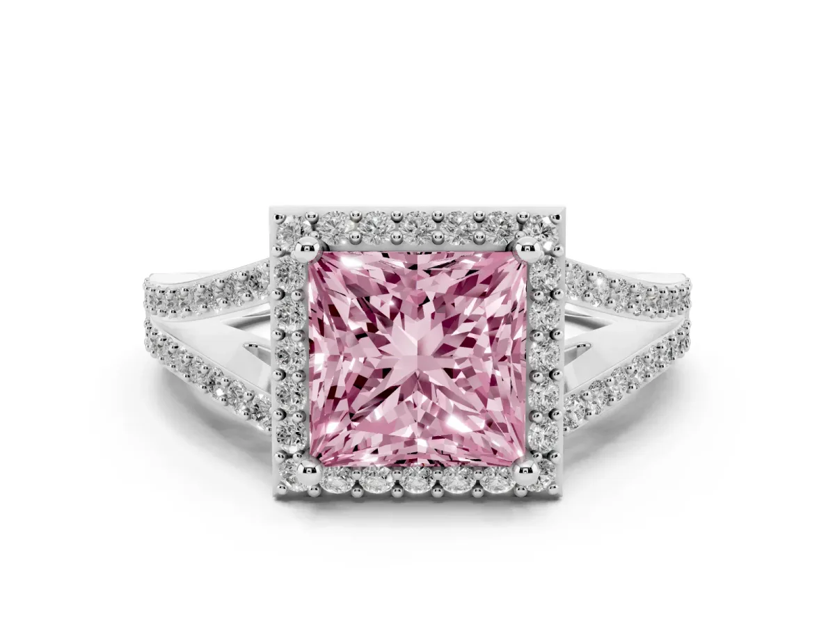 Fancy Pink Princess Cut Halo Split Shank Pave Diamond Ring with Four-Prong Setting Silver