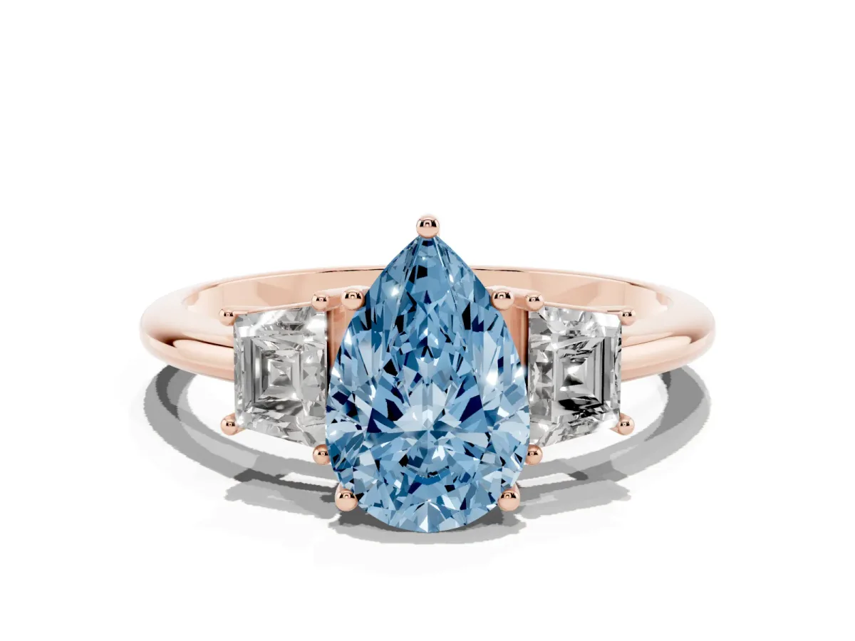 Fancy Blue Pear Cut Diamond Three-Stone Ring with Trapezoid Side Stones and Prong Setting Rose gold