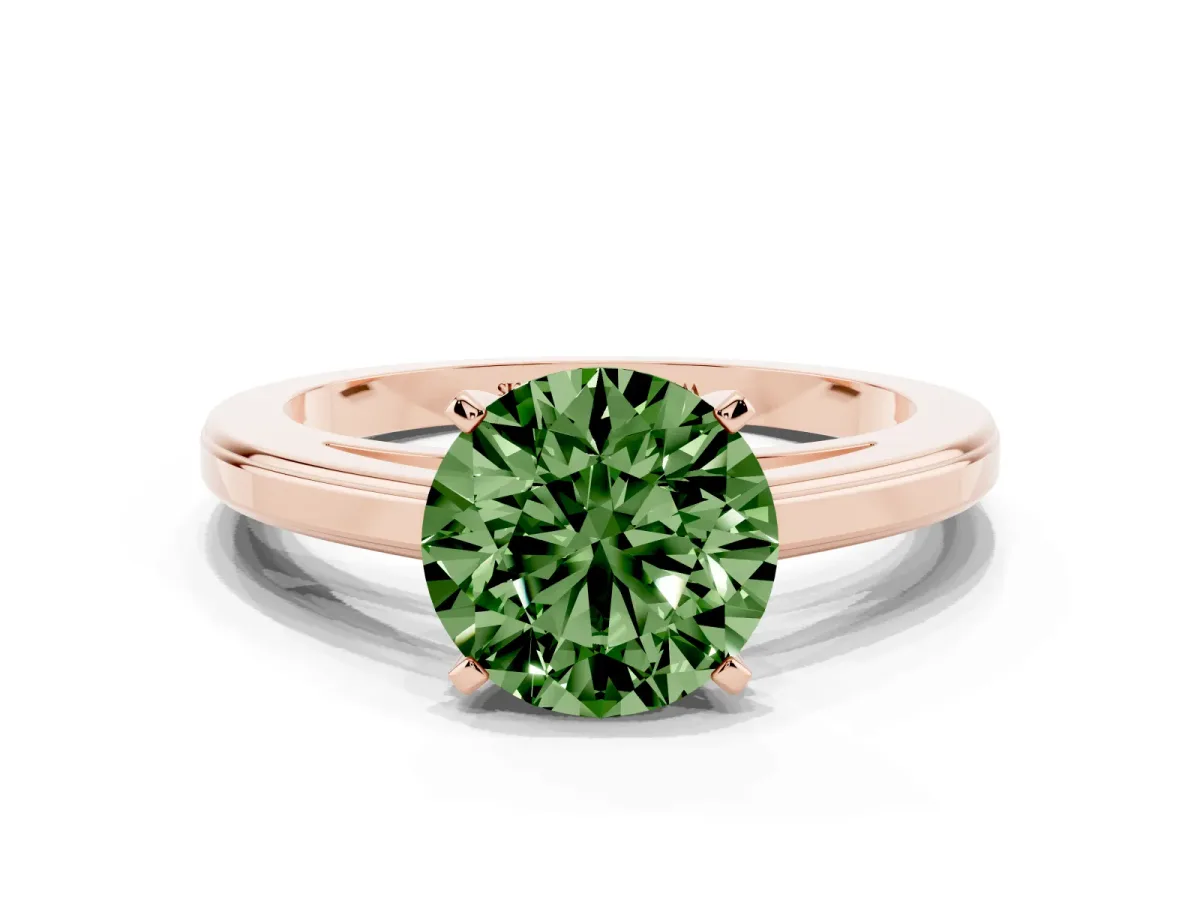 Fancy Green Round Cut Solitaire Diamond Ring with Four-Prong Setting and Classic Band Rose gold