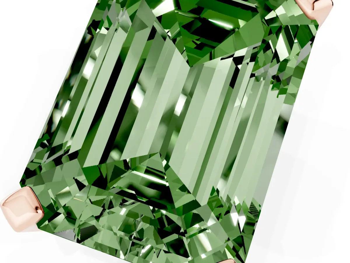 Fancy Green Emerald Cut Diamond Solitaire Ring with Prong Setting and Classic Band Rose gold
