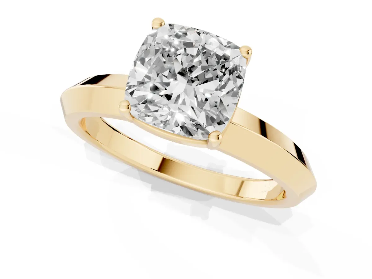 Cushion Cut Cut Solitaire Engagement Ring with Flat Band and Four-Prong Setting Yellow gold
