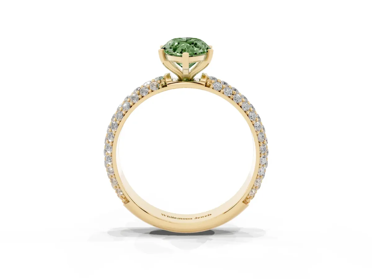 Fancy Green Marquise Cut Diamond Solitaire Ring with Prong Setting and Pavé Band Yellow gold
