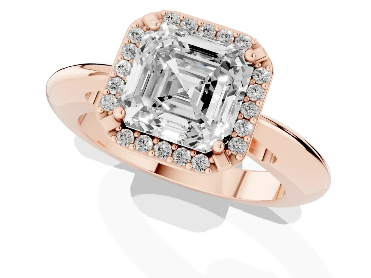 Asscher Cut Cut Diamond Halo Engagement Ring with Split Shank and Four-Prong Setting Rose gold