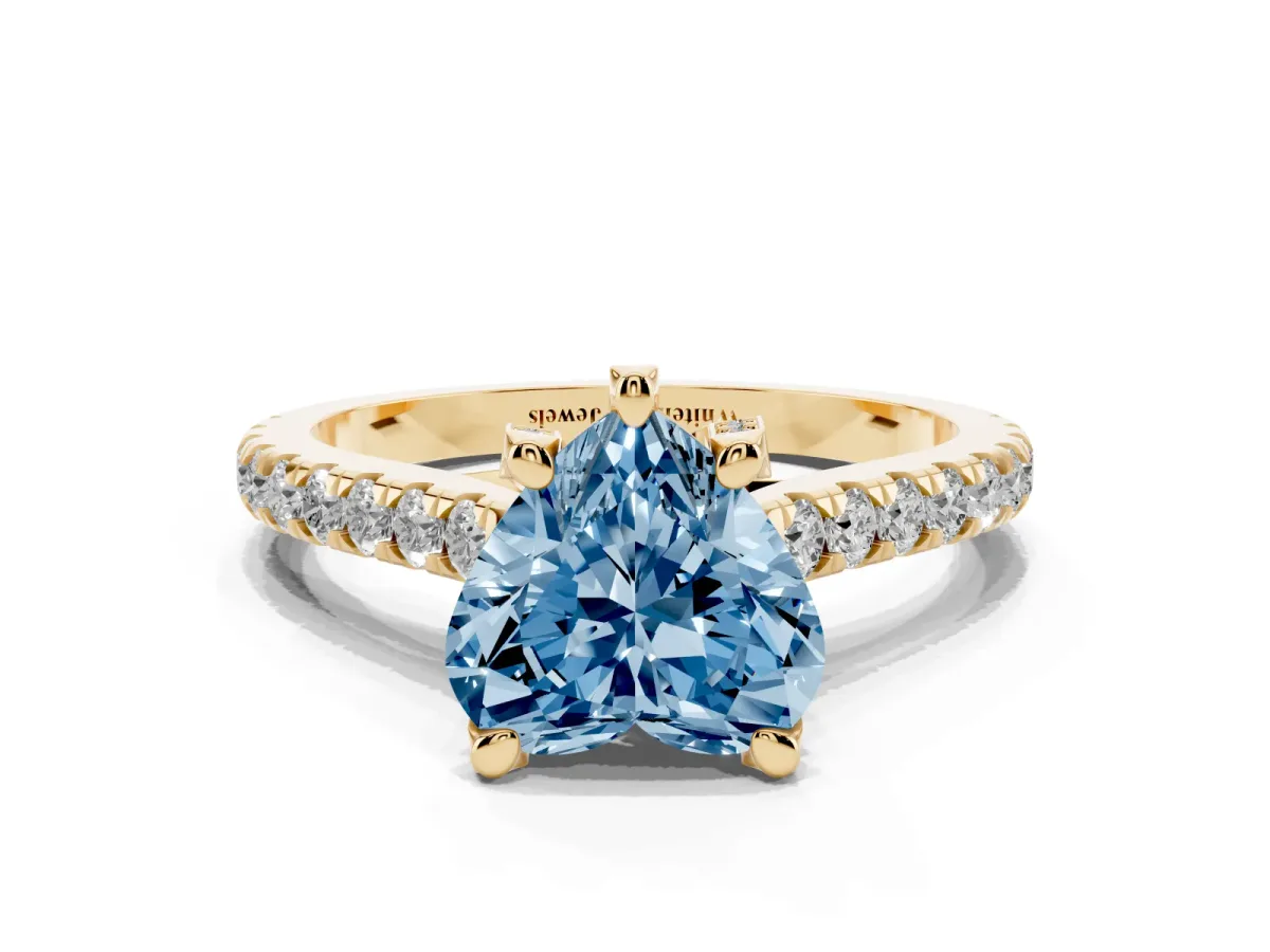 Fancy Blue Heart Cut Brilliant Diamond Solitaire with Pavé Band and Four-Prong Setting Yellow gold