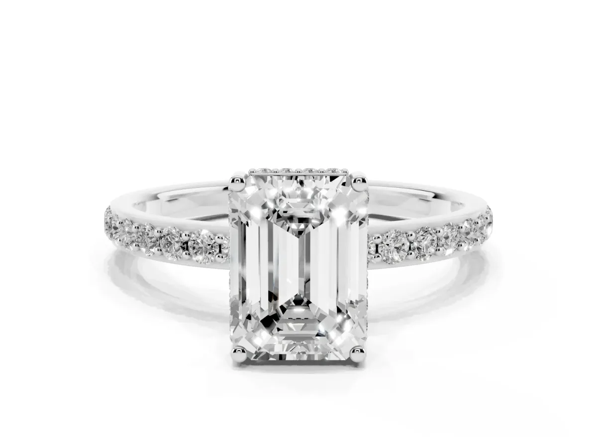 Emerald Cut Diamond Solitaire Ring with Pavé Band and Hidden Halo Silver