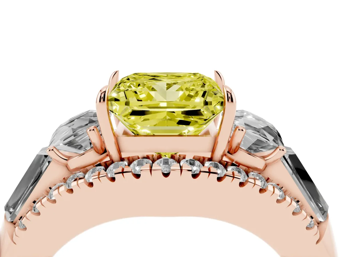 Fancy Yellow Three-Stone Princess Cut Diamond Engagement Ring with Pave Band and Prong Setting Rose gold