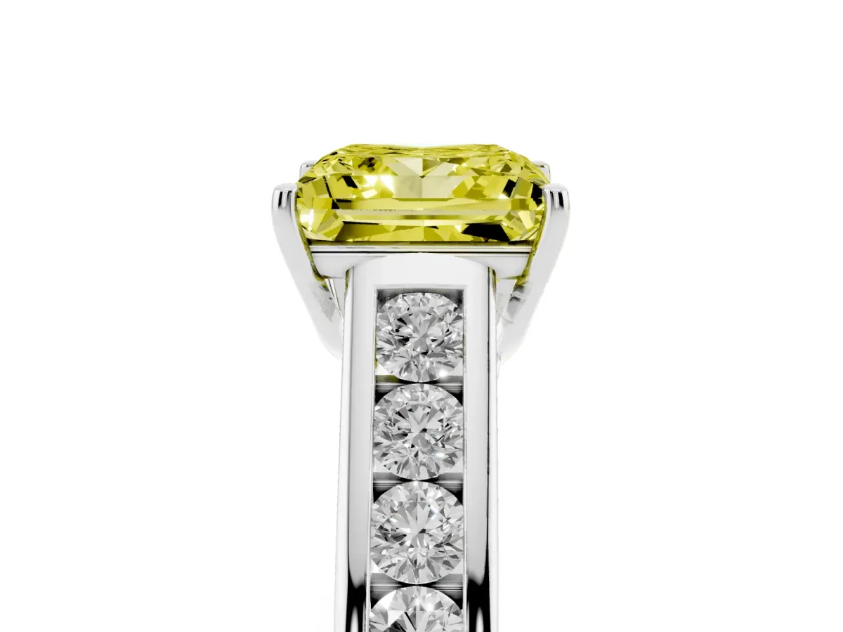 Fancy Yellow Princess Cut Brilliant Channel-Set Solitaire Ring with Four-Prong Setting Platinum
