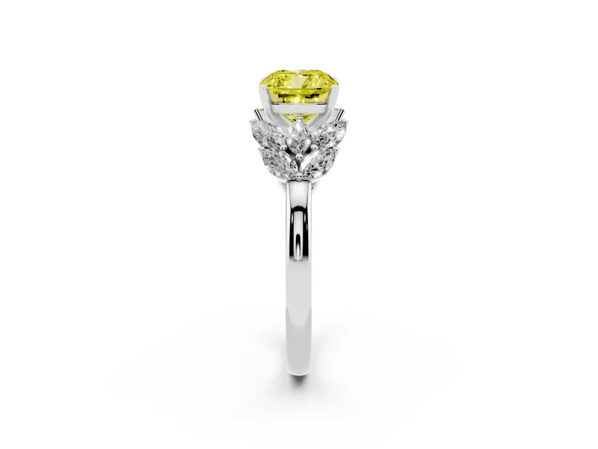 Fancy Yellow Cushion Cut Diamond Cluster Leaf Design Ring with Prong Setting Silver