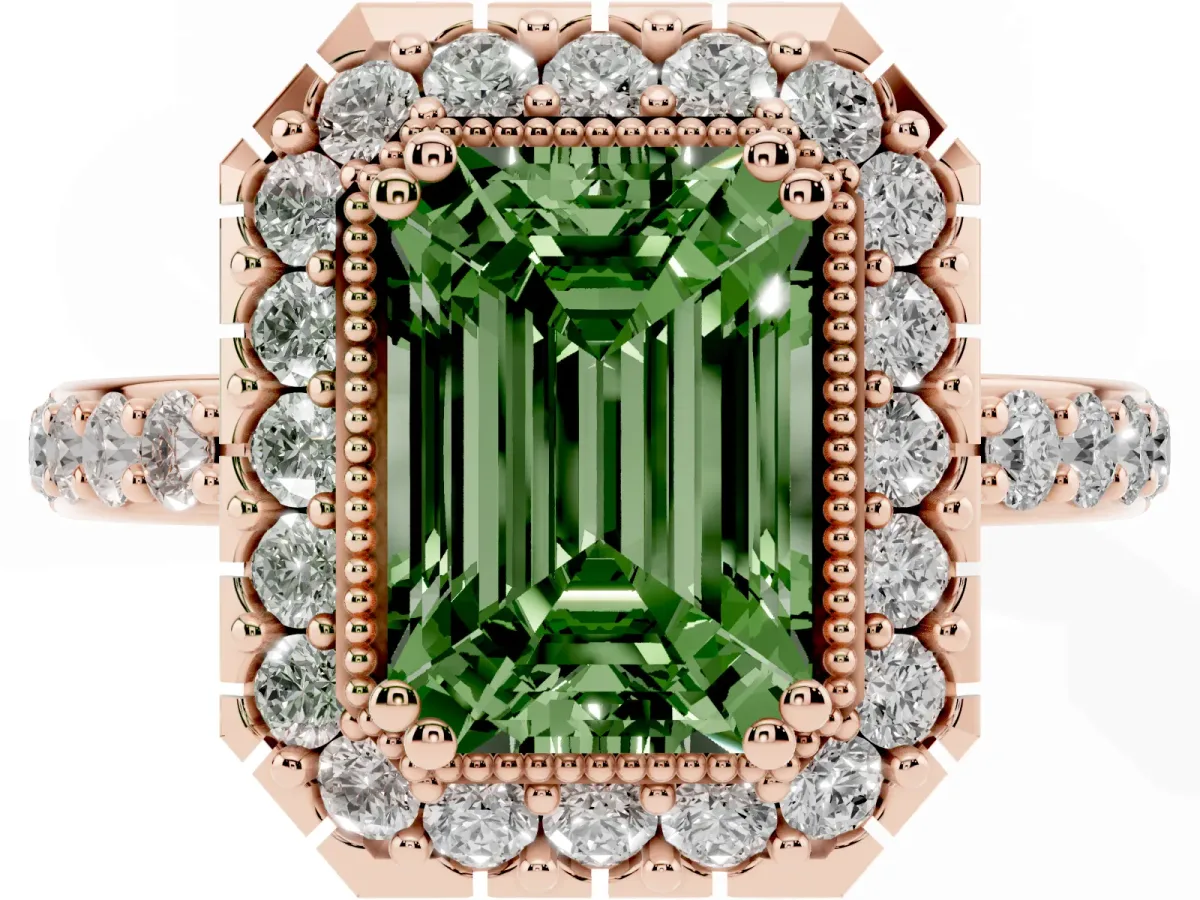 Fancy Green Emerald Cut Diamond Halo Ring with Pavé Band and Prong Setting Rose gold