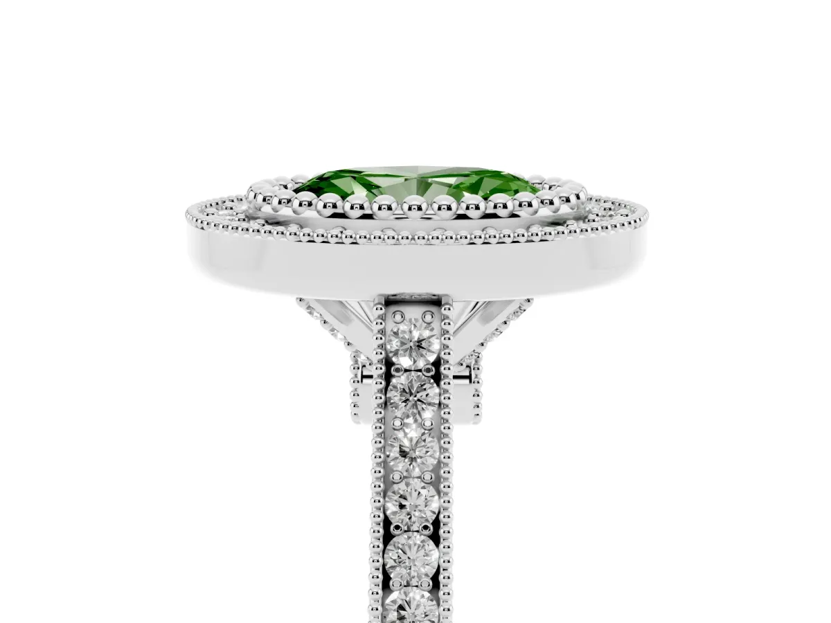Fancy Green Oval Cut Diamond Halo Ring with Milgrain Frame and Pavé Band Platinum