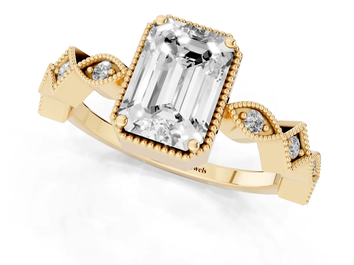 Emerald Cut Milgrain Marquise Diamond Twist Band Ring Yellow gold