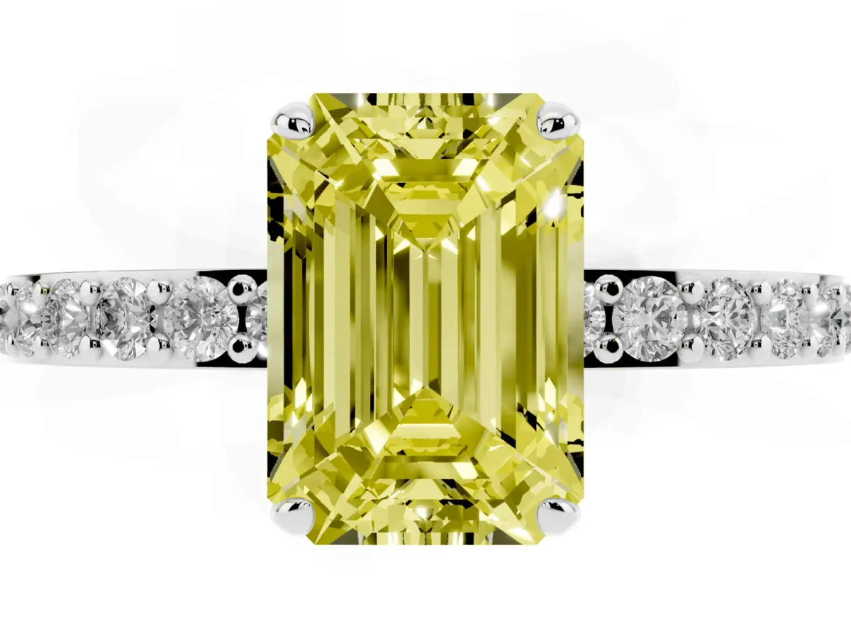 Fancy Yellow Emerald Cut Diamond Solitaire Engagement Ring with Pavé Band and Four-Prong Setting Silver
