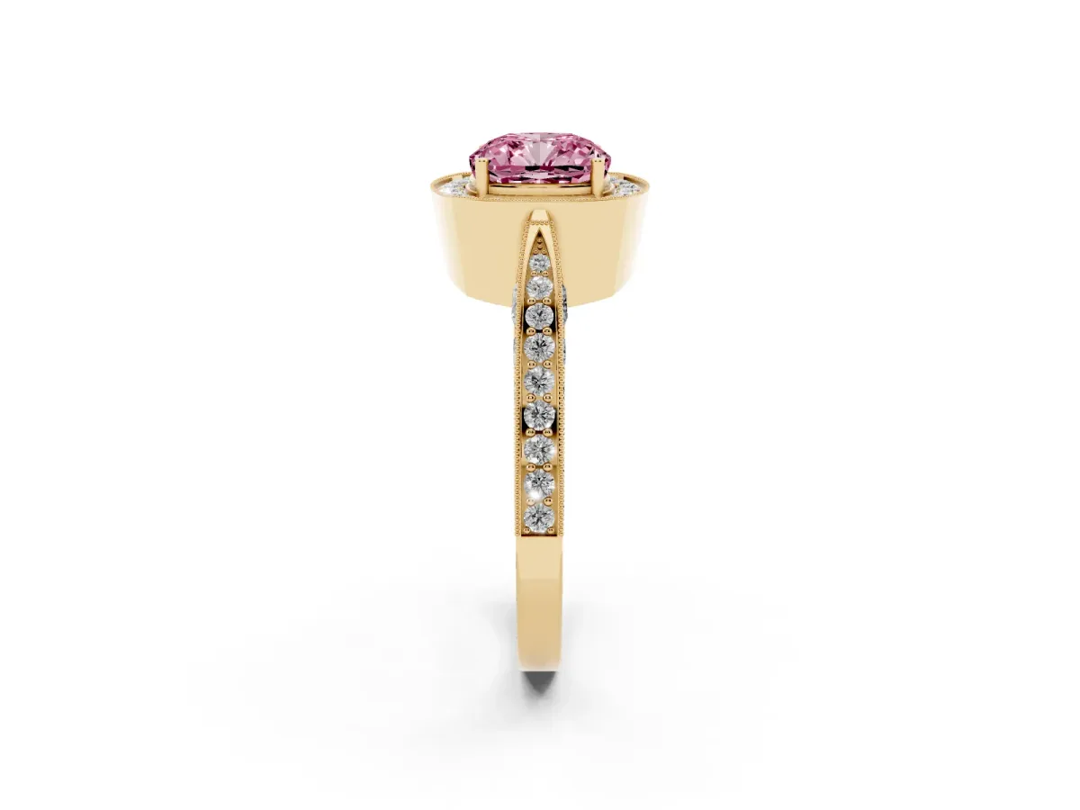 Fancy Pink Cushion Cut Halo Diamond Engagement Ring with Split Shank Band and Four-Prong Setting Yellow gold