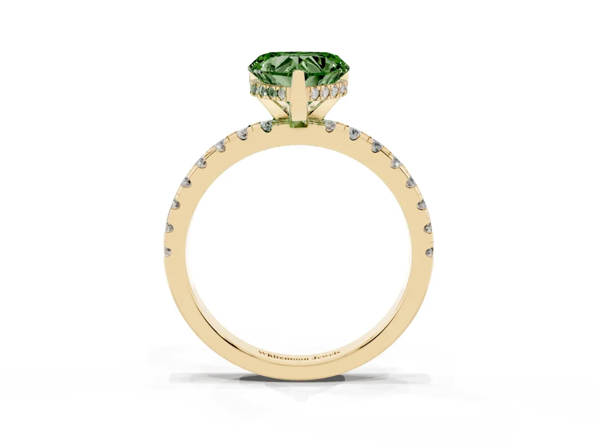Fancy Green Heart Cut Diamond Solitaire Ring with Round Pavé Band and Four-Prong Setting Yellow gold