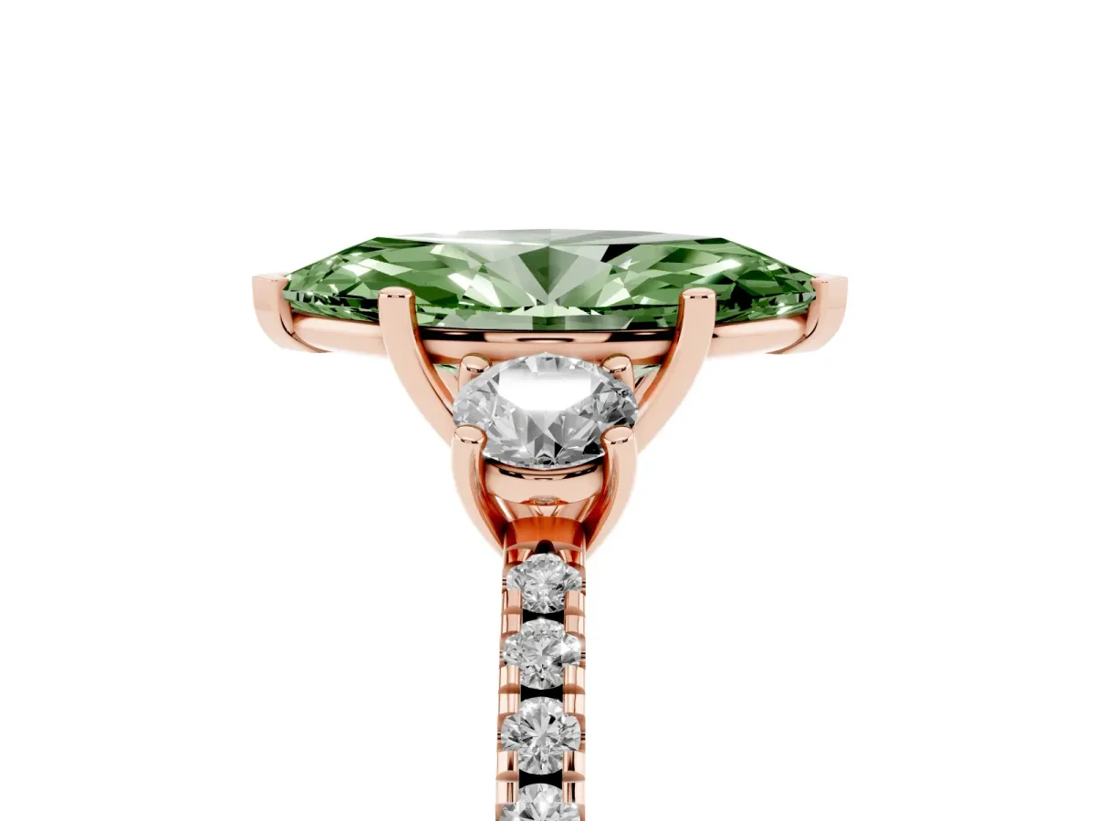 Fancy Green Three-Stone Marquise Cut Cut Diamond Pavé Band with Prong Setting Rose gold
