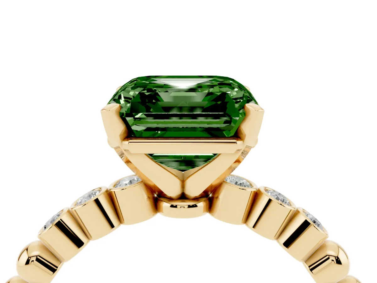 Fancy Green Asscher Cut Solitaire Bezel Accent Diamond Engagement Ring with Beaded Band and Four-Prong Setting Yellow gold