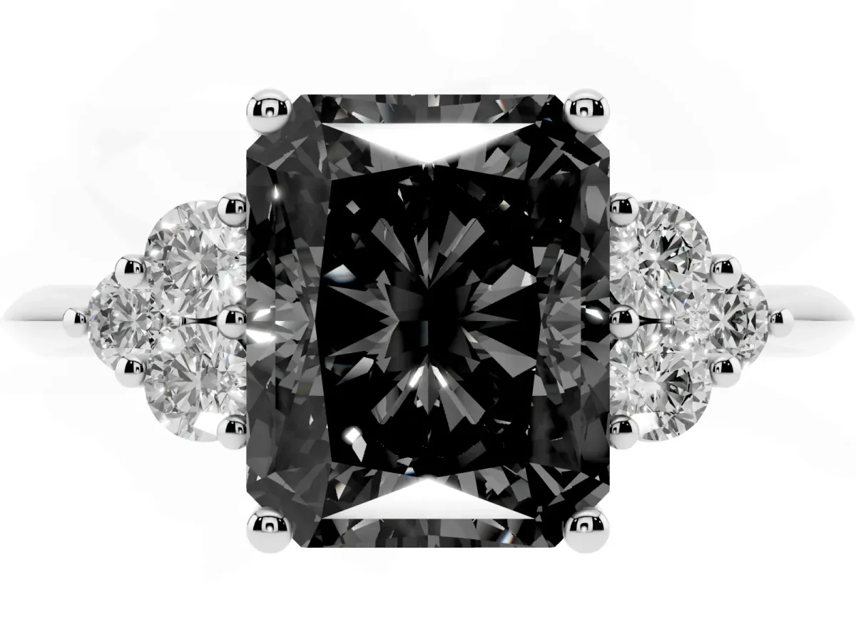 Fancy Black Radiant Cut Cut Diamond Cluster Ring with Solitaire Band and Four-Prong Setting Silver