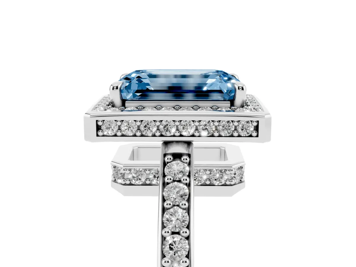 Fancy Blue Emerald Cut Halo Pave Band Solitaire Ring with Prong Setting Silver
