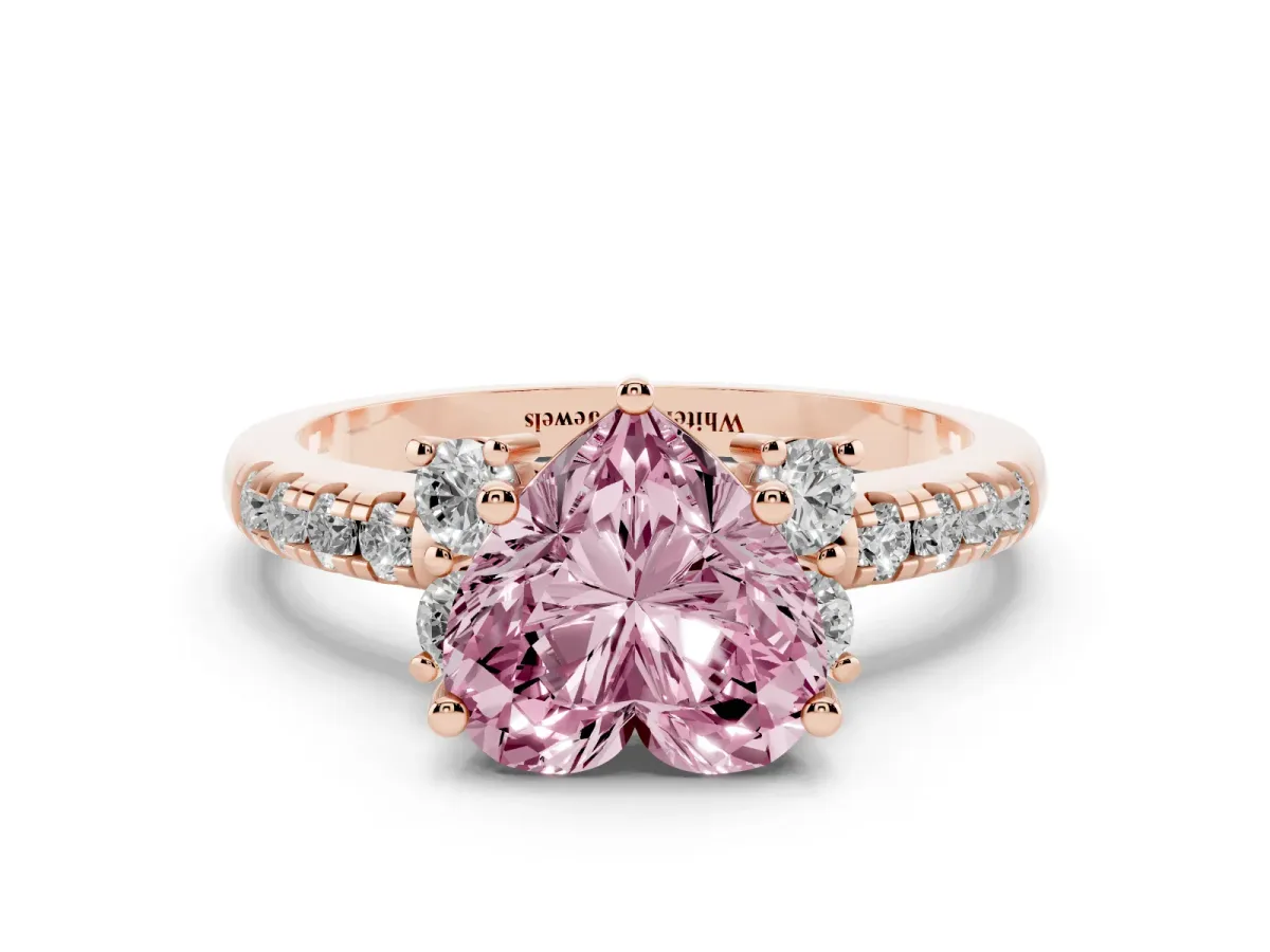 Fancy Pink Heart Cut Diamond Three-Stone Pave Band with Four-Prong Setting Rose gold