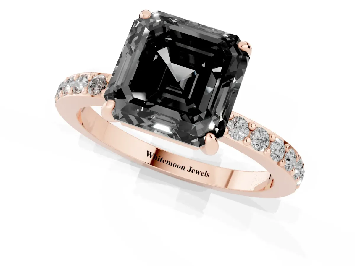 Fancy Black Asscher Cut Diamond Pavé Engagement Ring with Round Accents and Prong Setting Rose gold