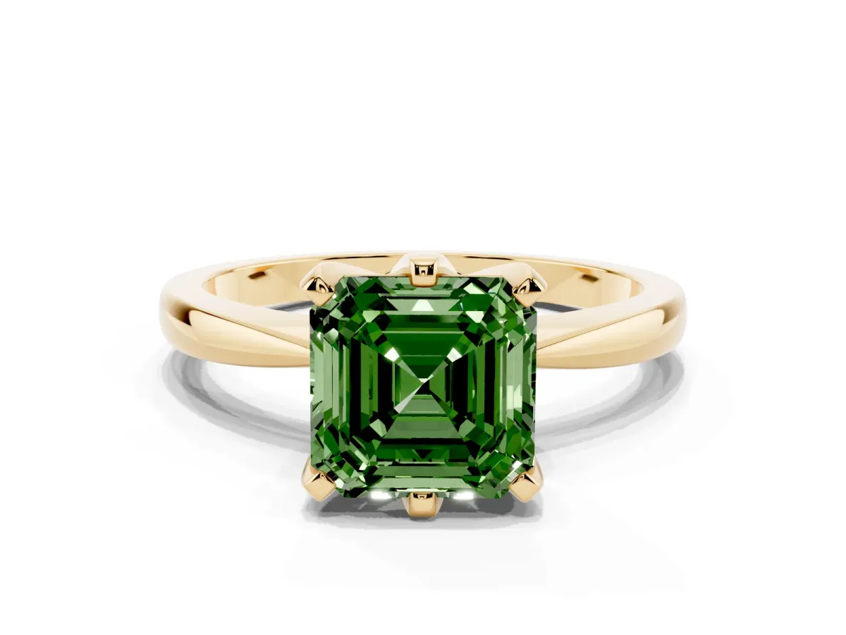 Fancy Green Asscher Cut Solitaire Engagement Ring with Six-Prong Setting and Tapered Band Yellow gold