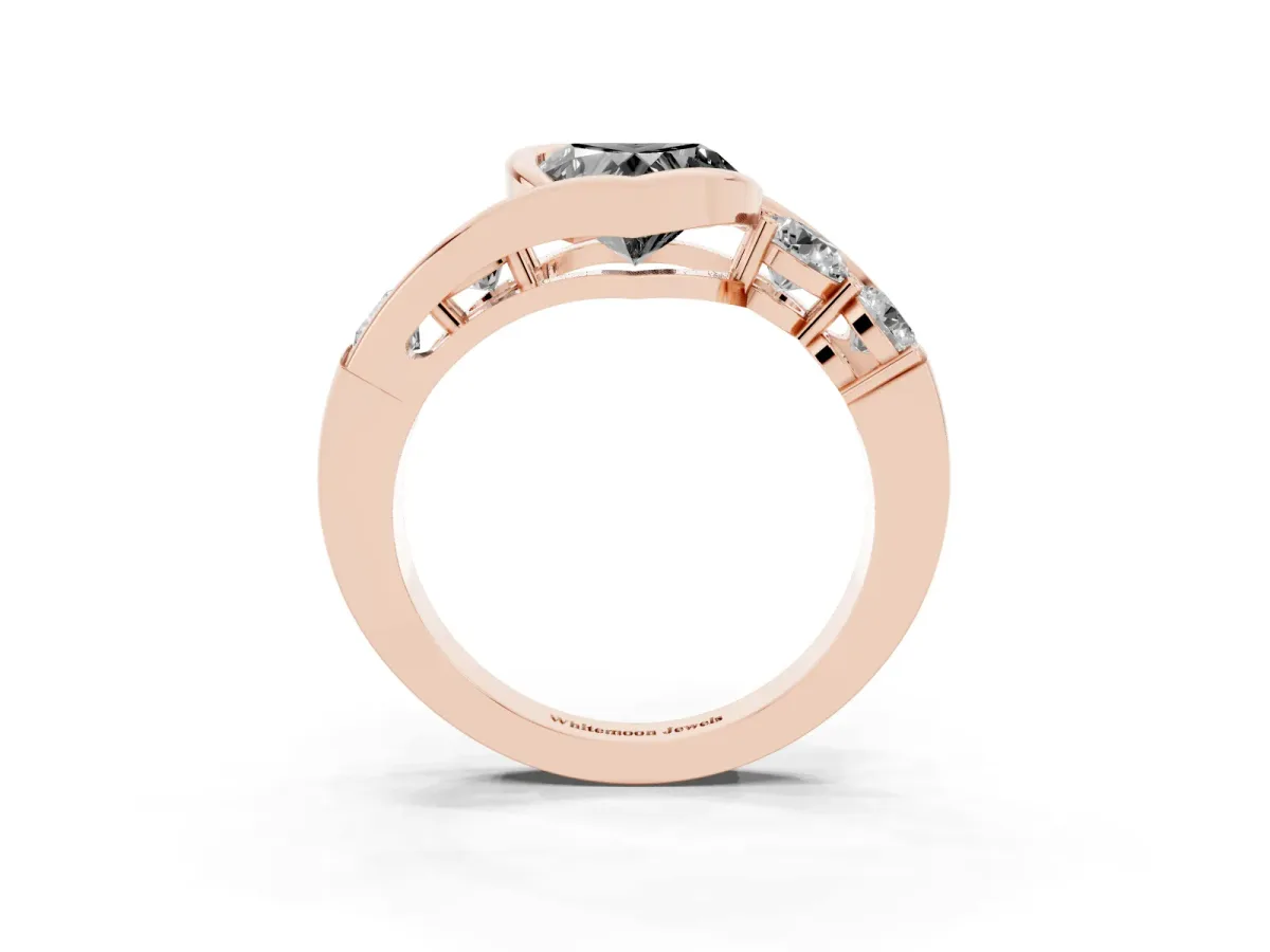 Fancy Black Bezel Set Heart Cut Diamond Bypass Ring with Round Accents Rose gold