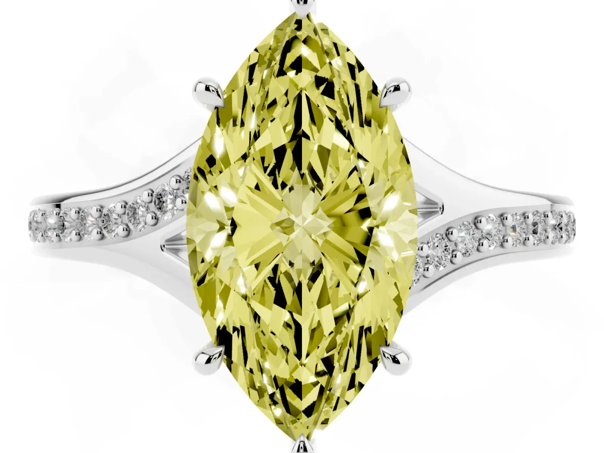 Fancy Yellow Marquise Cut Diamond Solitaire Ring with Pavé Band and Prong Setting Silver