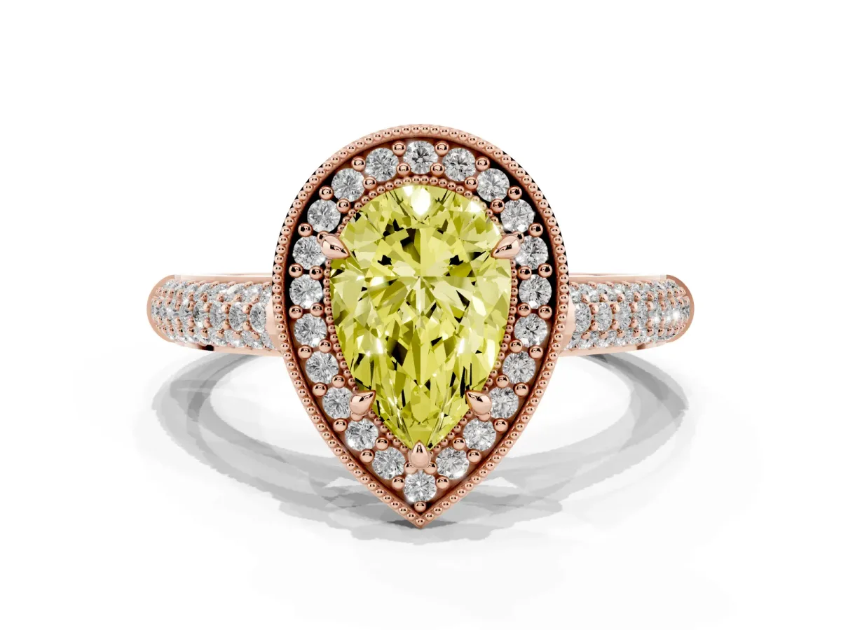 Fancy Yellow Pear Cut Cut Halo Diamond Pave Band with Four-Prong Setting Rose gold