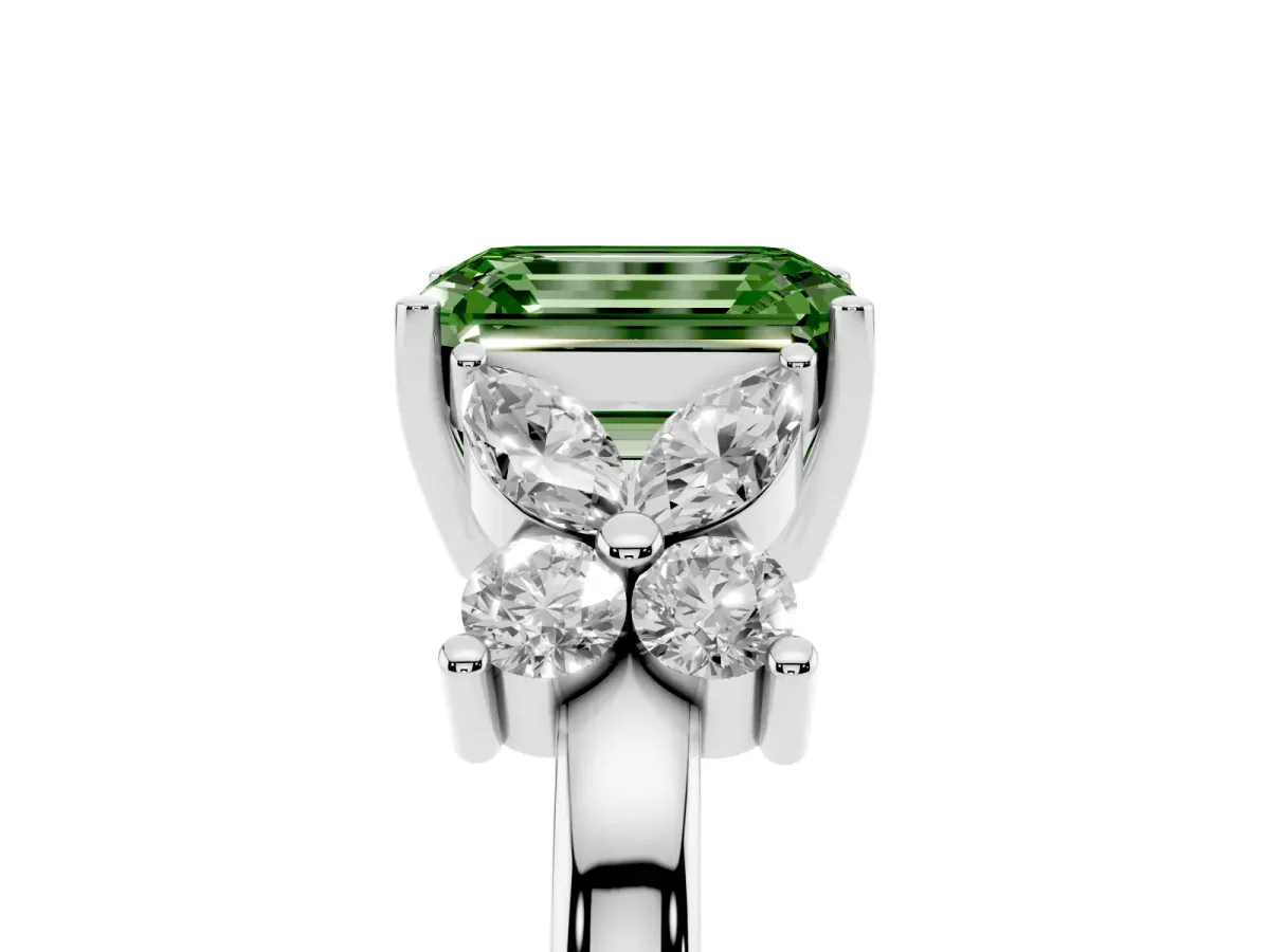Fancy Green Emerald Cut Diamond Floral Cluster Ring with Solitaire Band and Prong Setting Platinum