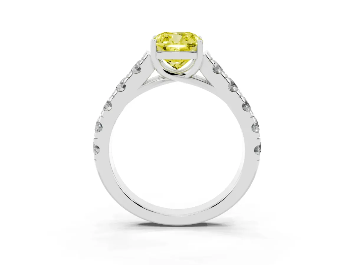 Fancy Yellow Cushion Cut Cut Diamond Solitaire Ring with Micro Pave Band and Prong Setting Silver