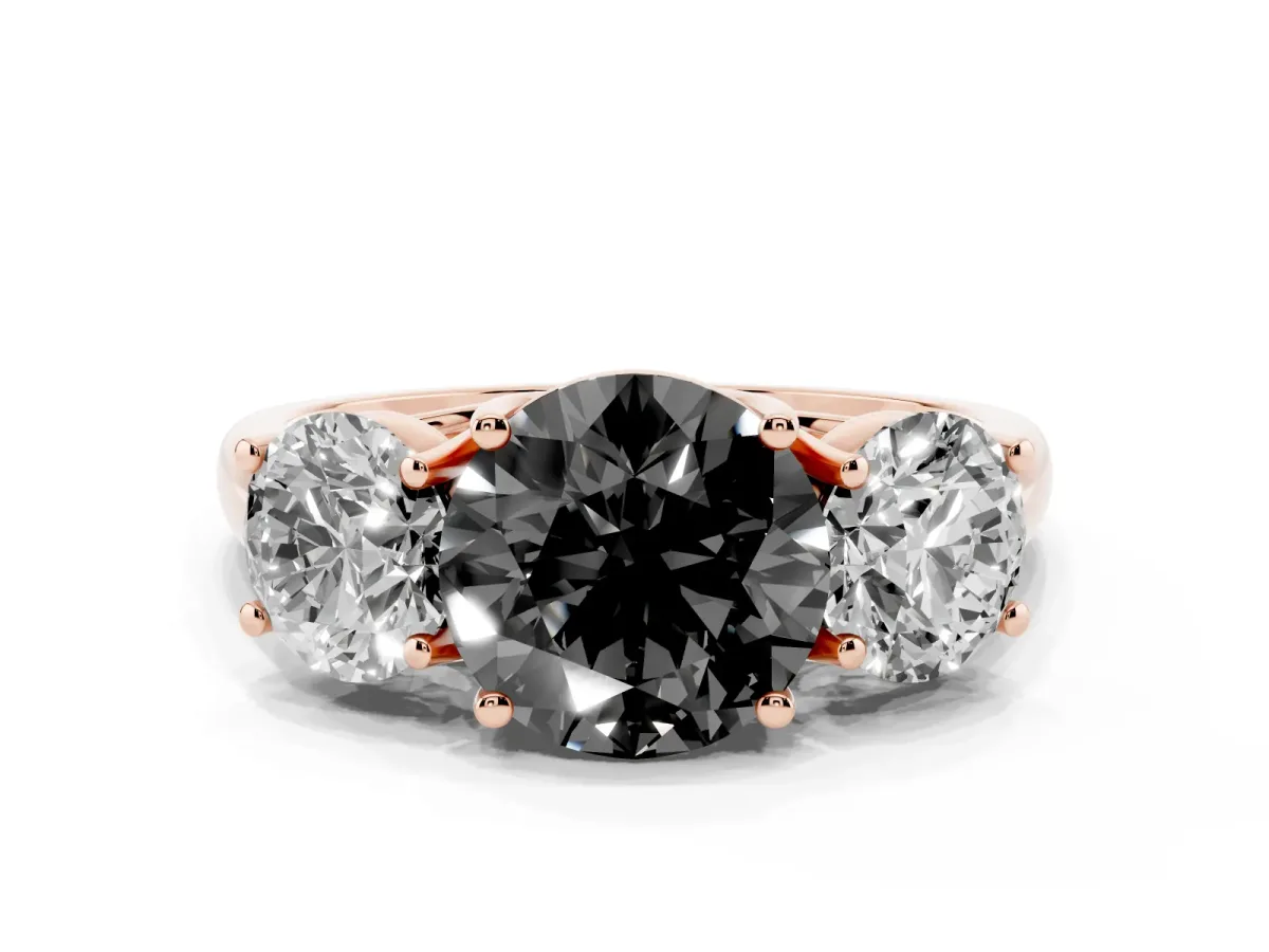 Fancy Black Three-Stone Round Cut Diamond Engagement Ring with Prong Setting Rose gold