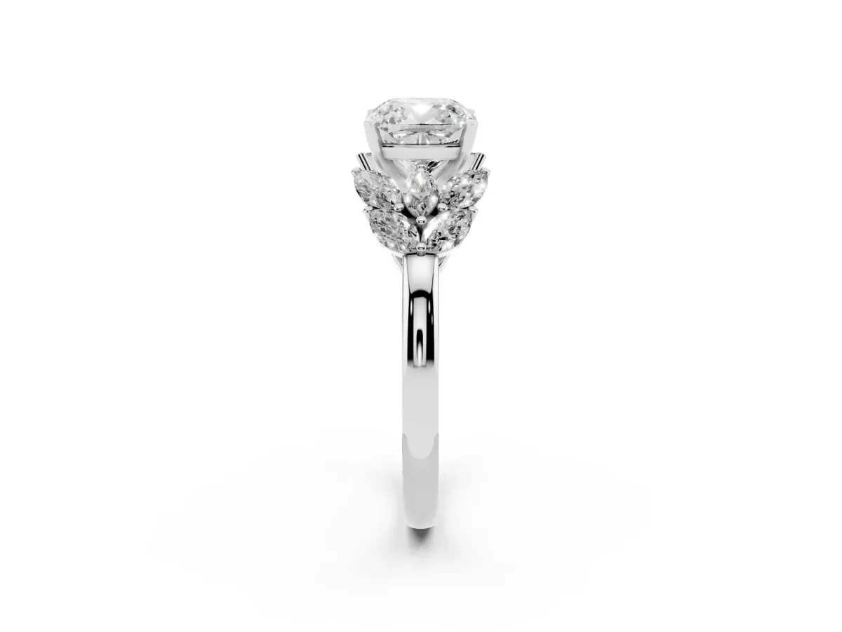 Cushion Cut Diamond Cluster Leaf Design Ring with Prong Setting Silver