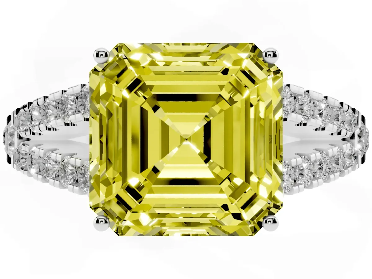 Fancy Yellow Asscher Cut Diamond Split Shank Pavé Engagement Ring with Four-Prong Setting Silver