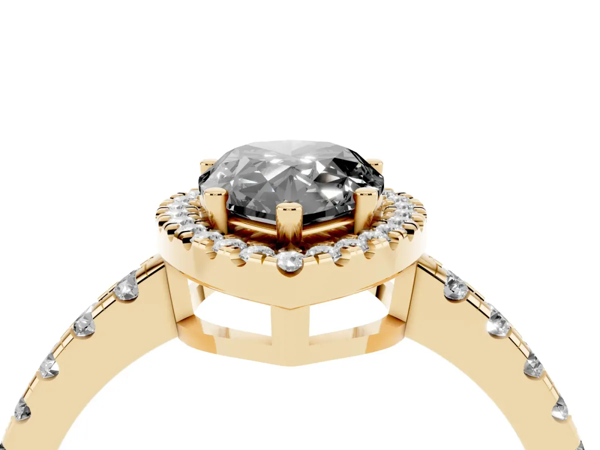 Fancy Black Pear Cut Diamond Halo Ring with Pavé Band and Four-Prong Setting Yellow gold
