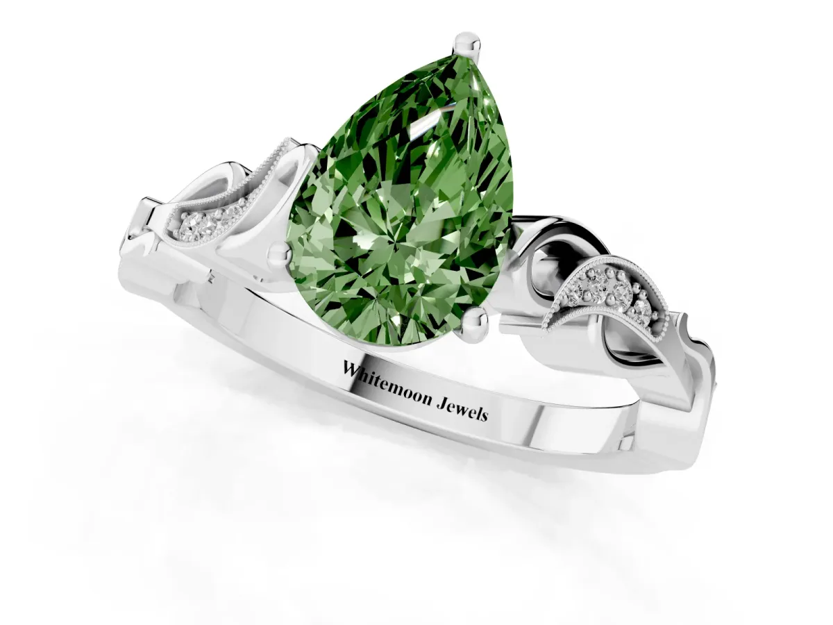 Fancy Green Pear Cut Solitaire Vine Band with Milgrain Prong Setting Silver