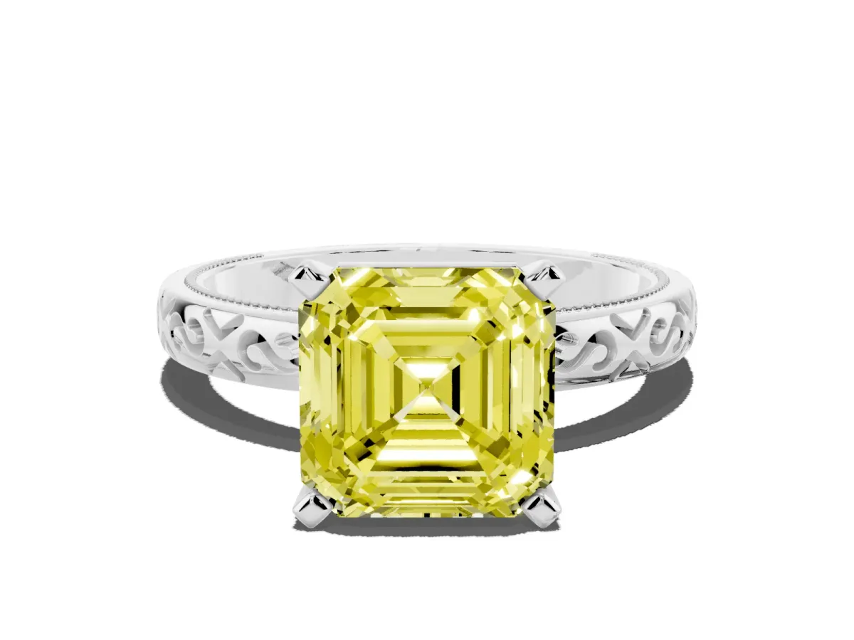 Fancy Yellow Asscher Cut Solitaire Engagement Ring with Scrollwork Band and Four-Prong Setting Silver