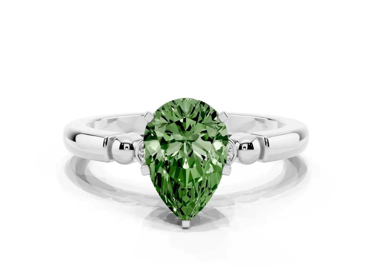 Fancy Green Pear Cut Solitaire Beaded Band with Four-Prong Setting Silver