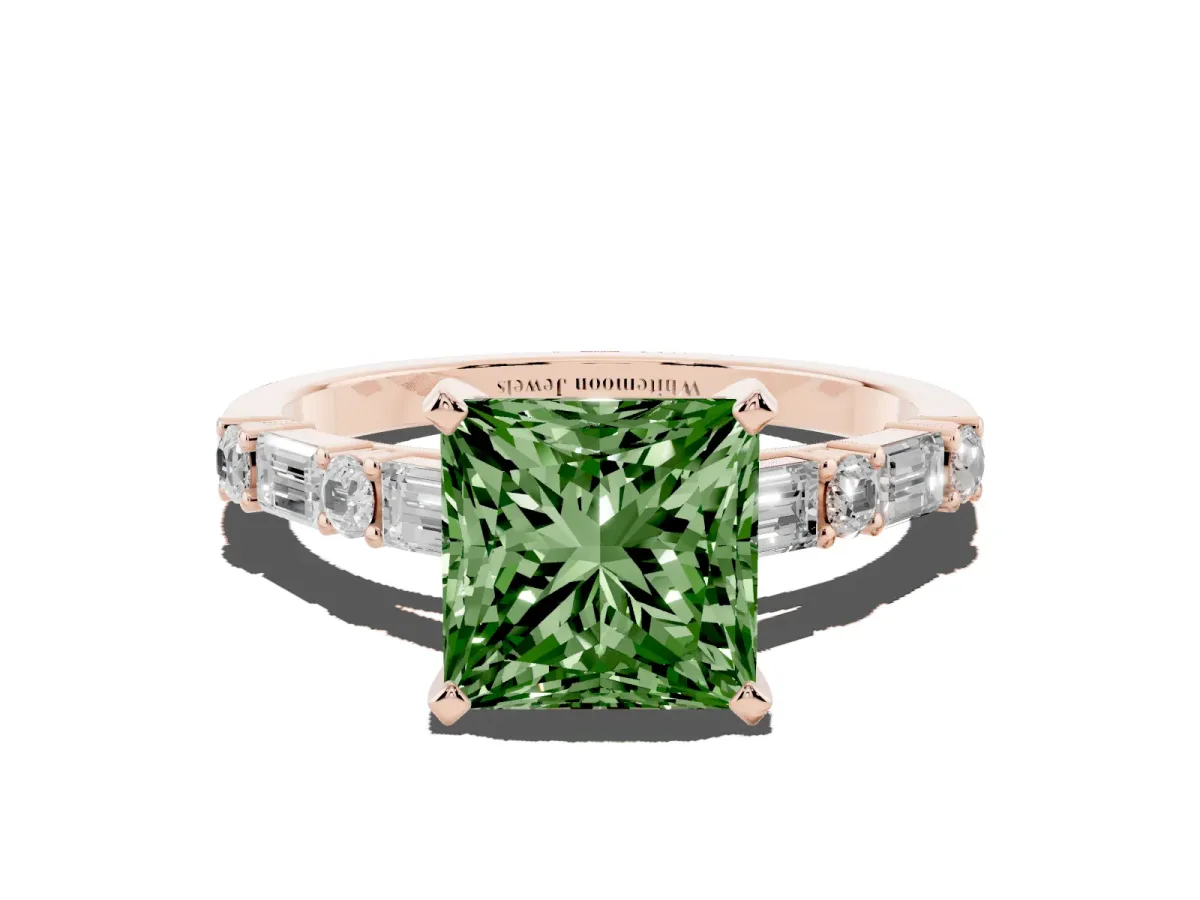 Fancy Green Princess Cut Diamond Solitaire with Side Baguettes and Channel Set Band Rose gold