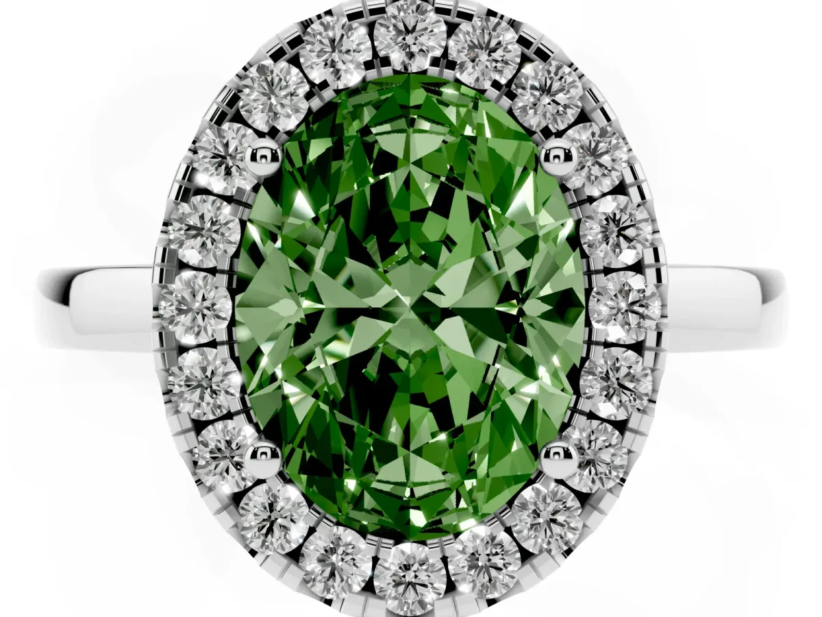 Fancy Green Oval Cut Halo Diamond Solitaire with Pavé Band and Four-Prong Setting White gold