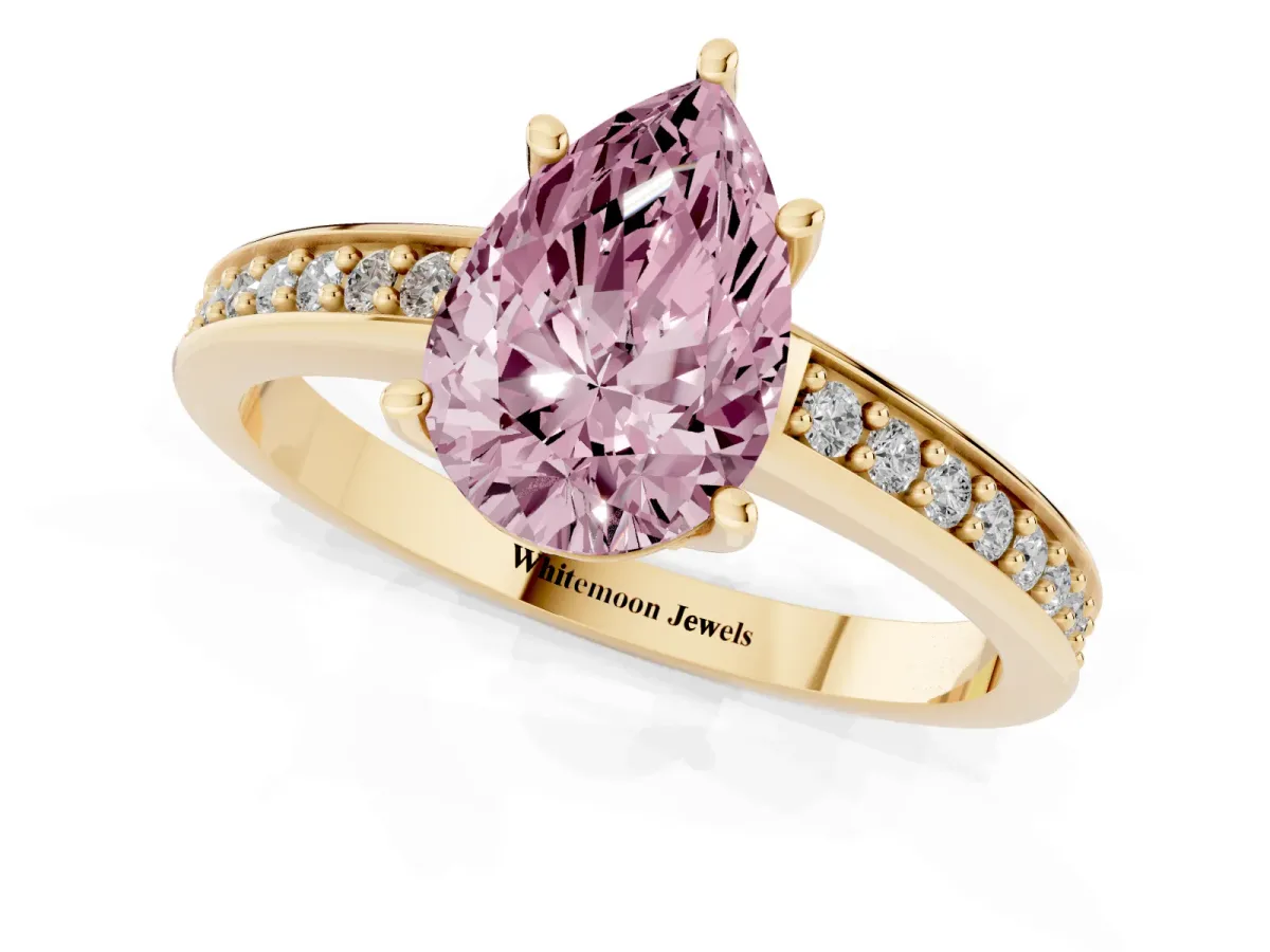 Fancy Pink Pear Cut Solitaire Pavé Band Prong Setting Ring Yellow gold