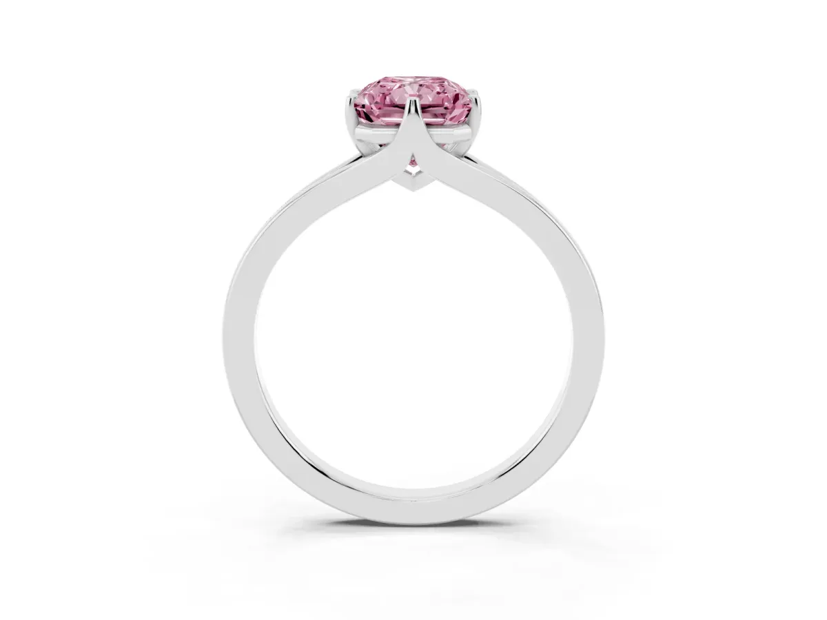 Fancy Pink Radiant Cut Solitaire Diamond Ring with Six-Prong Setting and Tapered Band Platinum
