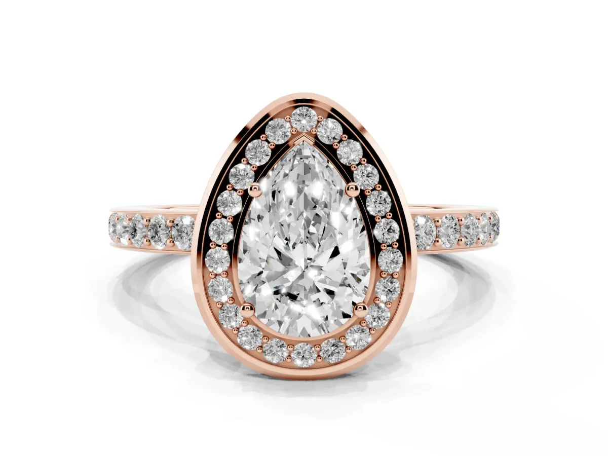 Pear Cut Diamond Halo Ring with Bezel Frame and Pavé Band Rose gold