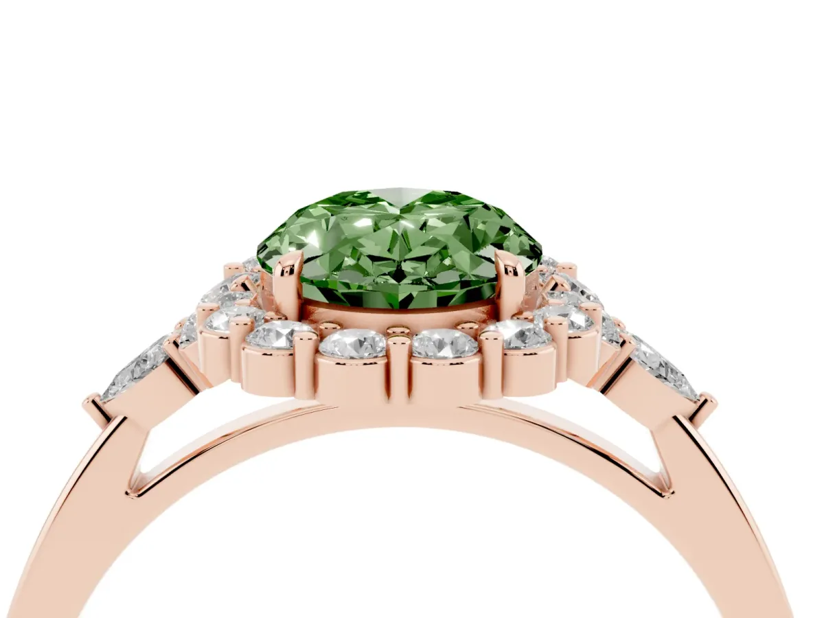 Fancy Green Oval Cut Diamond Halo Ring with Pear Side Stones and Prong Setting Rose gold