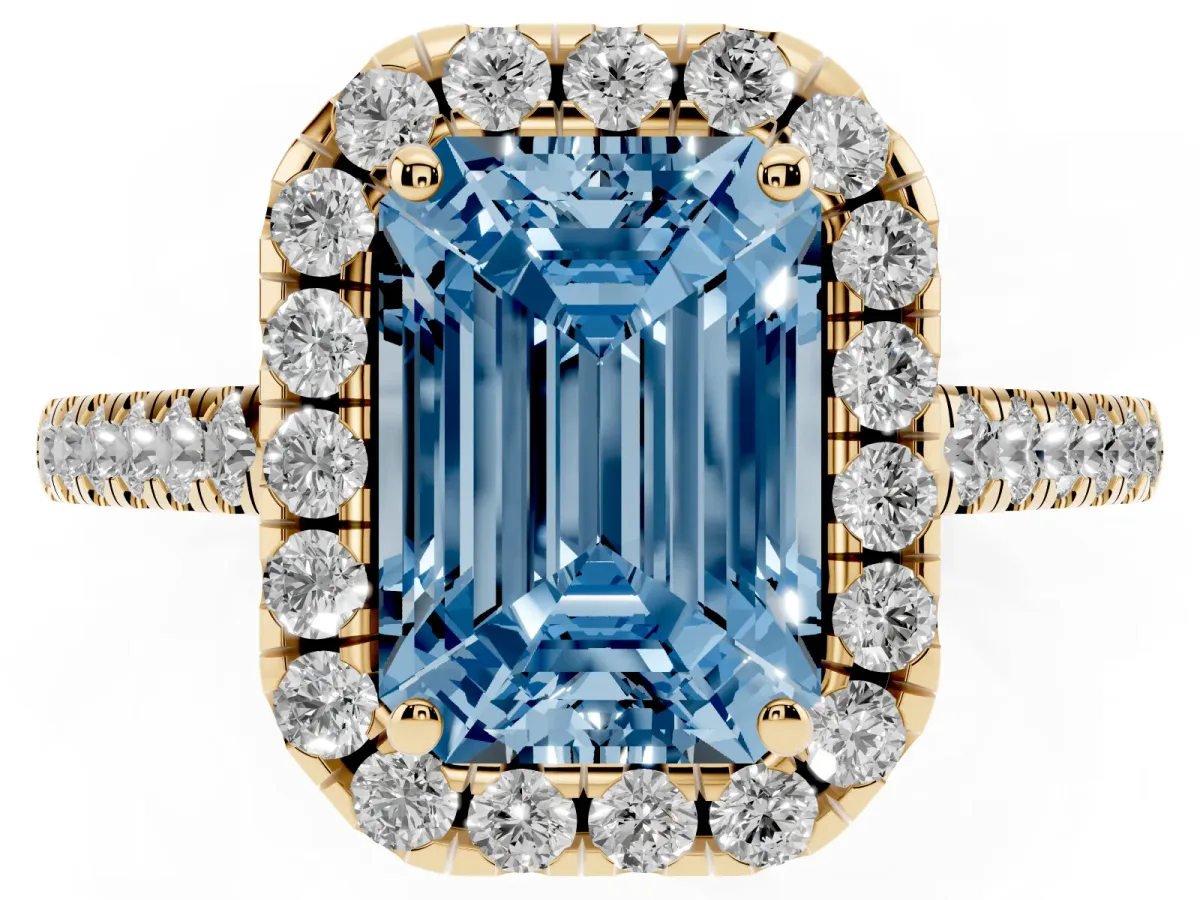 Fancy Blue Emerald Cut Halo Pave Diamond Engagement Ring with Four-Prong Setting Yellow gold