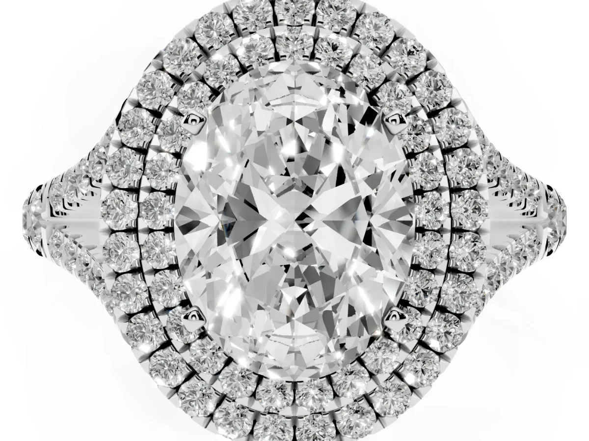 Oval Cut Cut Double Halo Split Shank Diamond Ring with Prong Setting Silver