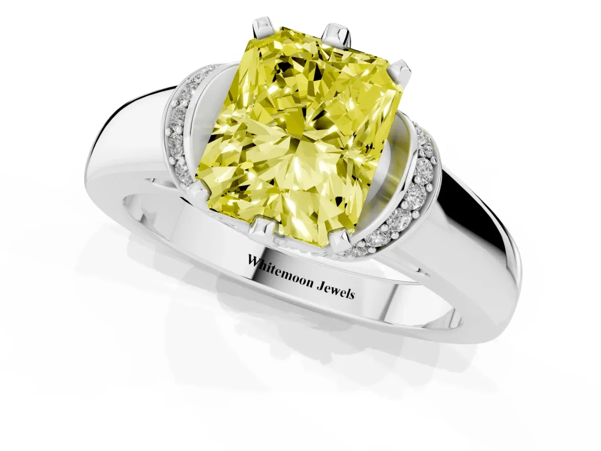 Fancy Yellow Radiant Cut Solitaire Diamond Ring with Pave Band and Six-Prong Setting Platinum