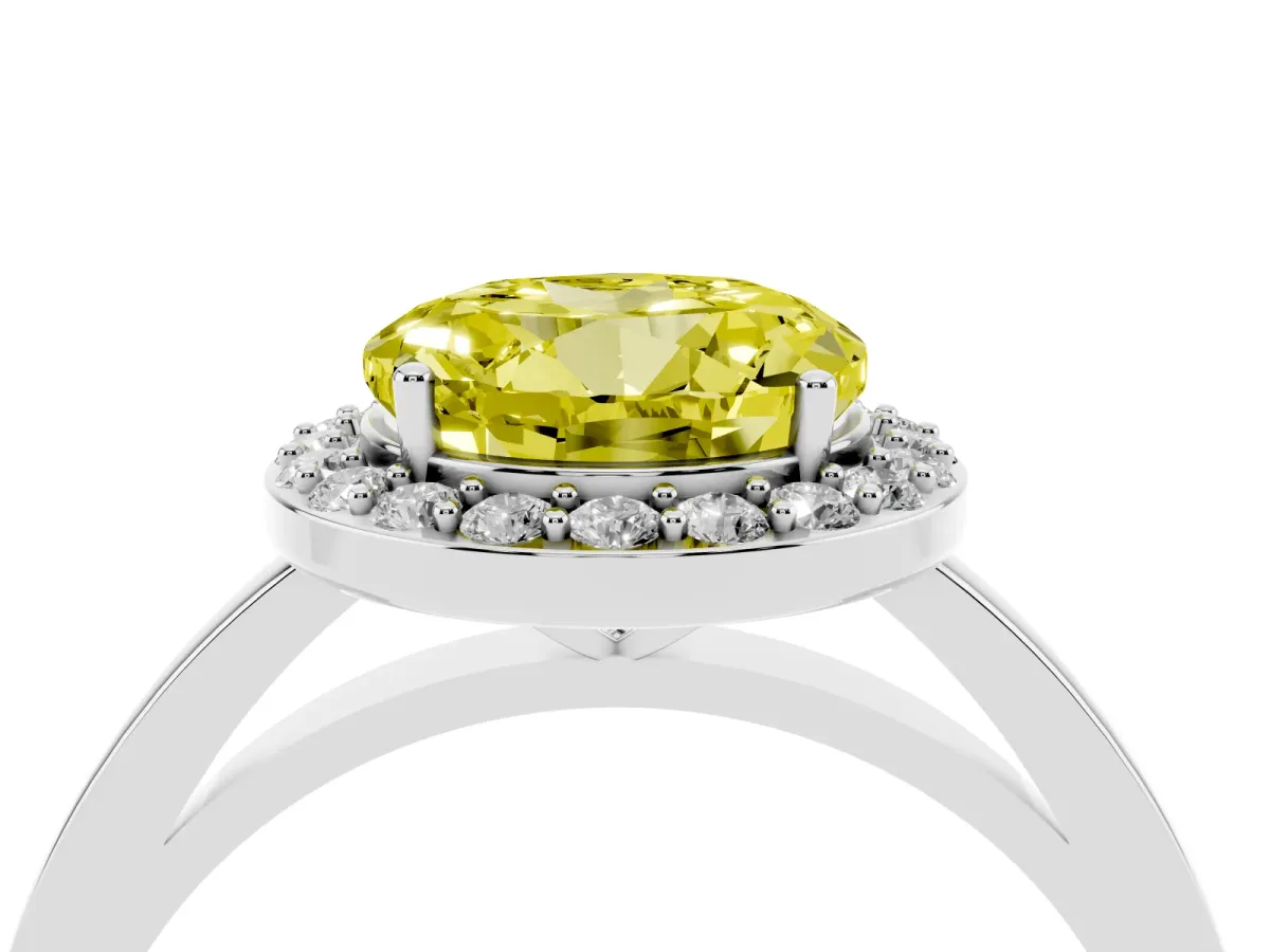 Fancy Yellow Round Cut Halo Diamond Ring with Solitaire Band and Prong Setting Silver